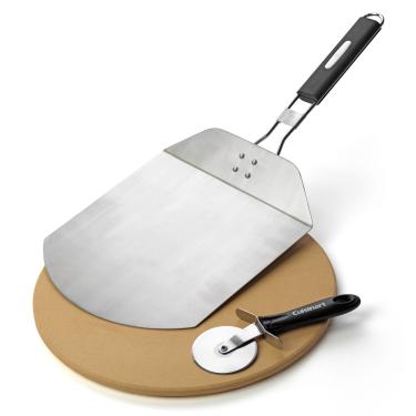 Imagem de Cuisinart Pacote de 3 peças para grelhar pizza, pedra redonda de pizza de 33 cm para grelha com cortador e casca de aço inoxidável dobrável, conjunto completo para construir suas próprias pizzas em