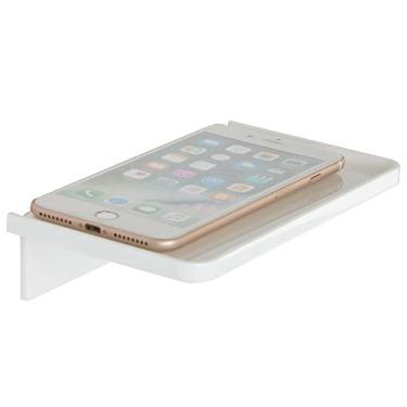 Imagem de Prateleira de parede adesiva – Pequena prateleira de acrílico transparente com suporte de telefone para banheiro, cozinha, banheiro, escritório, branco
