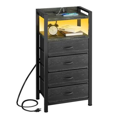 Imagem de Kitstorack Mesa de cabeceira com estação de carregamento e mesa de cabeceira preta clara LED com gavetas, mesa de cabeceira alta, 4 gavetas de tecido