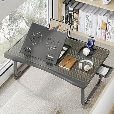 Imagem de Mesa de laptop para cama, suporte ajustável para laptops com 6 ângulos diferentes, bandeja de colo portátil com gaveta de armazenamento e suporte de copo, bandeja de mesa para laptop para comer