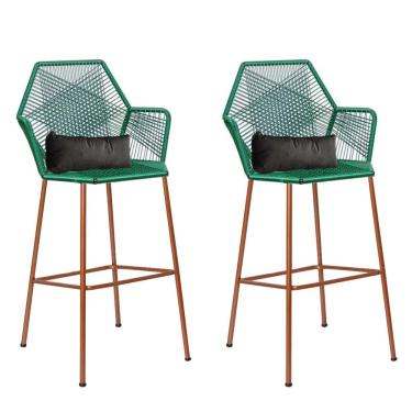 Imagem de Kit 02 Banqueta Alta Sttar Ferro Bronze Fibra Verde Almofada Suede Cinza - Amey Decor