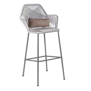 Imagem de Banqueta Alta Com Encosto Sttar Ferro Prata Fibra Cinza Almofada Suede Bege