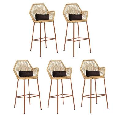 Imagem de Kit 05 Banqueta Alta Sttar Ferro Bronze Fibra Palha Almofada Sintético Marrom