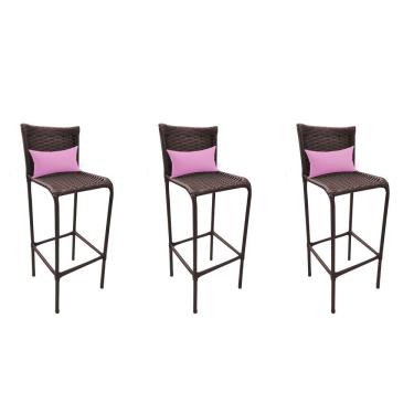 Imagem de Kit 03 Banqueta Alta Flora Fibra Sintética Marrom Almofada Corino Rosa Bebê - Amey Decor