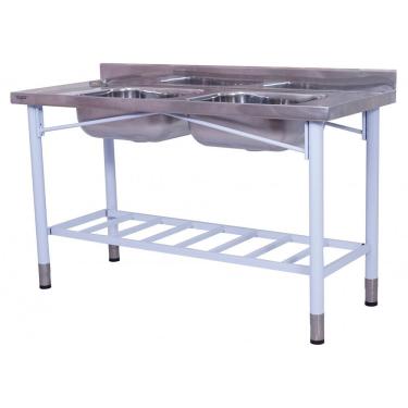 Imagem de Pia Industrial Benfati Inox 430 200x60cm Pés Pintados Paneleiro Gradeado Com 2 Cubas 562gr