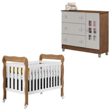 Imagem de Kit Berço Americano Lila e Cômoda Mariah em MDF Branco Acetinado Amadeirado com Grade Fixa