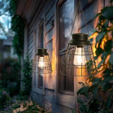 Imagem de Bdor Lanternas Solares À Prova D'Água Para Áreas Externas, Pacote Com 2, Design De Gaiola Metal Lâmpada Led Substituível, Luz Decorativa Vintage Pátio, Jardim E Quintal (14,7 Cm X 15,8 Cm, Preto)