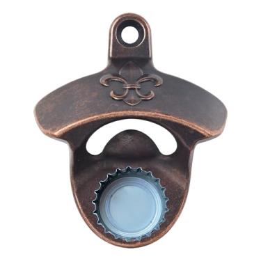 Imagem de Jumiok Abridor de garrafa magnético inoxidável montado na parede Fleur De Lis abridor de tampa de cerveja com ímãs embutido em cobre antigo montado no poste