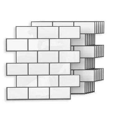 Imagem de Azulejo de parede autoadesivo de 10 folhas – 30,48 cm x 30,5 cm – Aparência de metrô, impermeável e resistente ao calor, fácil DIY Backsplash para locatários, trailers e decoração de casa (branco com