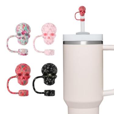 Imagem de Pacote com 4 protetores de canudo de caveira para copo stanley 30 e 1,134 g, acessórios para copo de água, tampa de cobertura de palha 3D reutilizável à prova de poeira, presente Hollaween (A)