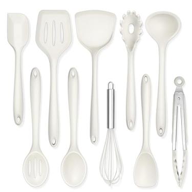 Imagem de TeamFar Conjunto de 10 utensílios de cozinha de silicone, (espátula sólida, espátula, colher sólida, escumadeira, servidor de massa, concha de sopa, espátula grande, batedor, colher de espátula, pinça