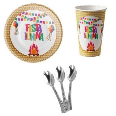 Imagem de Kit 20 Convidado Pratos Copos Papel Colher 14Cm Festa Junina - Udlandi