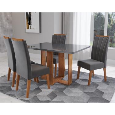 Imagem de Conjunto Sala de Jantar Mesa Berlim com Tampo de Vidro 4 Cadeiras Safira Viero - Mel/Grafite/Veludo Grafite