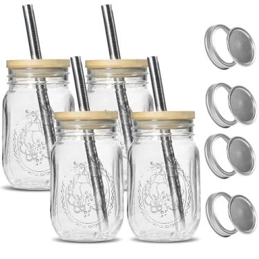 Imagem de 4 frascos de vidro vintage de 473 ml com tampas de bambu, copo de vidro de boca larga com tampas e canudo, xícara de café gelado para suco de chá de milk-shake