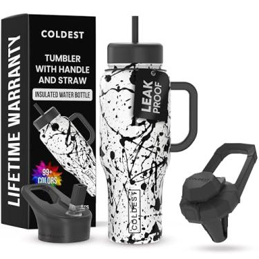 Imagem de Copo Coldest com alça e canudo - Copo isolado 100% à prova de vazamento com tampa e canudo (3 tampas) - Copos de aço inoxidável para mulheres e homens - Base compatível com porta-copos, 1,020 g