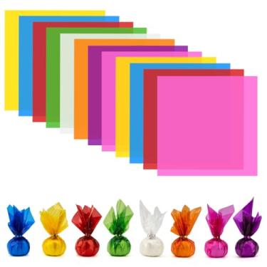Imagem de 168 peças de papel de celofane colorido (19 x 19 cm) para doces pequenos cestos de embrulho coloridos de plástico para artesanato, adesivos transparentes de aniversário, chá de bebê, decoração de
