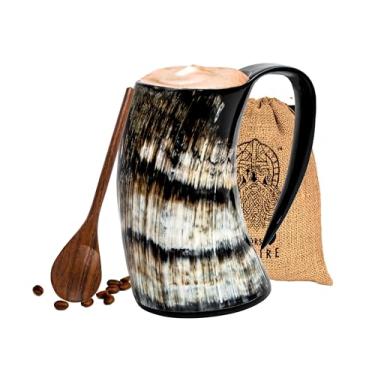 Imagem de NORSE EMPIRE Caneca de chifre viking - Caneca nórdica 100% autêntica de 473 ml exclusiva feita à mão com chifre de boi viking para bebidas quentes e frias - presente para homens e mulheres - Copo de