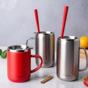 Imagem de Caneca Térmica Parede Dupla em Aço Inox Vermelha 450ml com Canudo - Estilo Minimalista