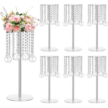 Imagem de Yerliker 6 conjuntos de vasos de flores de acrílico para casamento de 40 cm, suporte de flores de cristal de casamento com suporte de vela de globo Tealight de vidro pendurado para decoração de mesa