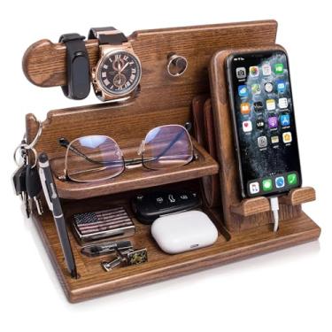 Imagem de LNBEI Estação de ancoragem de telefone de madeira para homens, organizador de mesa simples e elegante, organizadores de mesa multifuncionais e acessórios, organizador de relógio e suporte de fone de
