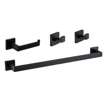 Imagem de Conjunto de acessórios para banheiro preto fosco com prateleira de parede, suporte para rolo de papel higiênico, gancho para roupão, toalheiro, barra de suporte, anel - Hardware completo para ban