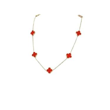 Imagem de Colar Madrepérola Dupla Face, Trevo, Aço Titânio, Ouro 18K (Vermelho)