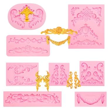 Imagem de Moldes barrocos de silicone para fondant, conjunto de 8 peças de moldes decorativos de bolo para cupcake topper doces goma argila DIY artesanato, rosa