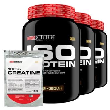 Imagem de Kit 3x Whey Isolada Iso Protein 900g + Creatina 100% Pura 1kg - Bodybuilders (Médio, Chocolate)