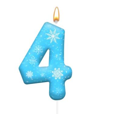 Imagem de Velas brancas e azuis de aniversário com tema Frozen - velas azuis com números de floco de neve, decorações de festa temáticas, suprimentos de festa para meninas (número 4)