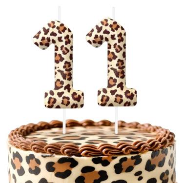 Imagem de Velas de aniversário número 11 com estampa de leopardo, topo de bolo com tema de chita para meninos e meninas, decorações de aniversário, suprimentos de festa, velas com números para decoração de