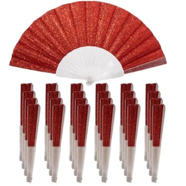 Imagem de Pacote com 24 ventiladores de mão, ventilador dobrável de glitter com nervuras transparentes brilhantes – ideal para casamento, igreja, festival, dança, festa de chá, clube e acessórios EDM, vermelho