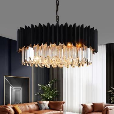 Imagem de YOLIZUOT Lustre de cristal preto 60 cm K9 luzes pendentes redondas de cristal ajustável 5 camadas grande moderno lustre de cristal para sala de jantar, sala de estar, cozinha, ilha, quarto, hall de