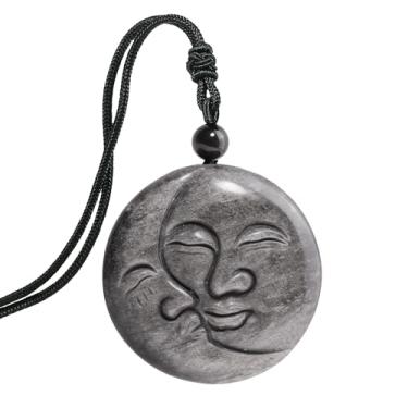 Imagem de TUMBEELLUWA Colar com rosto de sol e lua, colares de cristal, pedra do mês de setembro, joias de pedras preciosas presentes para homens e mulheres, Obsidiana prateada, Pedra obsidiana prateada