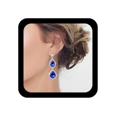 Imagem de Xduargs Brincos de safira de cristal boho com pedras preciosas de safira azul, pingente de gota de cristal, pingente de cristal azul, candelabro de pedras preciosas para casamento, joia de strass para