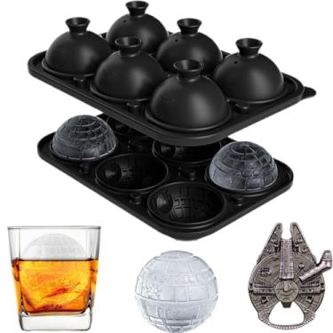 Imagem de NICITY Molde de cubo de gelo Estrela da Morte com abridor de garrafas Millennium Falcon, bandeja de gelo 3D Star Wars de 6 cavidades para uísque, coquetéis, bourbon. Presentes engraçados de uísque