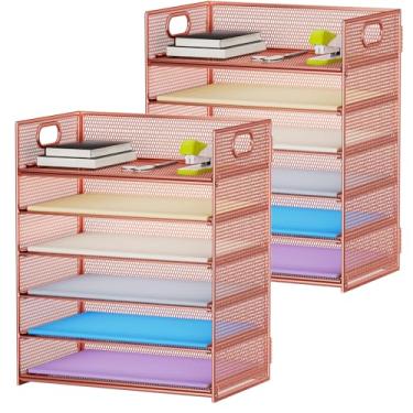 Imagem de Marbrasse Pacote com 2 organizadores de mesa com alça, bandeja de papel de 6 camadas, organizador de arquivos de mesa de malha para escritório, escola e casa - ouro rosa