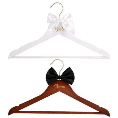 Imagem de lasuroa 2 Peças Cabides para Noivos, Madeira Elegantes Cabide Vestido de Noiva com Laço e Gravata Borboleta Acessório Vestidos Noiva para Festas e Chás Cozinha