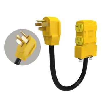 Imagem de Generic Adaptador de distribuição RV de 50 a 20 Amp 110 V. 4 pinos NEMA 14-50P macho para tomada doméstica 4*5-20R/5-15R fêmea com disjuntor. Cabo adaptador de gerador RV 1,5 m. Amarelo
