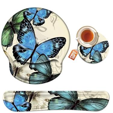 Imagem de Descanso de pulso para teclado de computador e mouse pad com gel de suporte de pulso, borboleta azul, mouse pad ergonômico confortável, base antiderrapante, vem com um lindo porta-copos