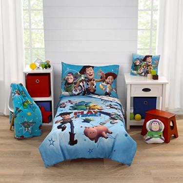 Imagem de Jogo de cama infantil Disney Toy Story It's Play Time azul, verde, vermelho e amarelo, Woody and Buzz - Edredom, lençol de baixo com elástico, lençol de cima e fronha reversível