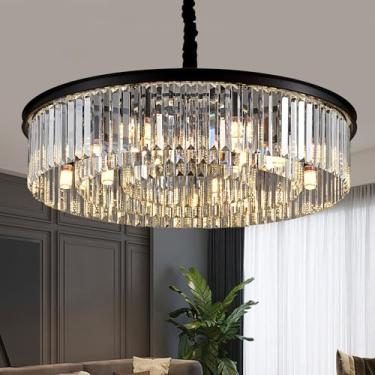 Imagem de lighceac Lustre de cristal moderno de 80 cm, 12 luzes, 3 anéis, lustres de luxo pretos para sala de estar glamourosos redondos pendurados no teto para entrada, cozinha, quarto, sala de jantar