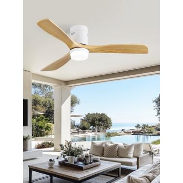 Imagem de Sofucor Ventilador de teto com luzes, ventilador de teto de madeira moderno com montagem embutida de 132 cm de perfil baixo com controle remoto para casa de fazenda interna, sala de estar, pátio