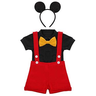 Imagem de Terno formal para bebês meninos, cavalheiros, 1º/2º aniversário, mini mouse smoking, gravata borboleta, macacão, suspensórios, calções, faixa de cabeça, anel de casamento, roupas vermelhas, 12 a 18