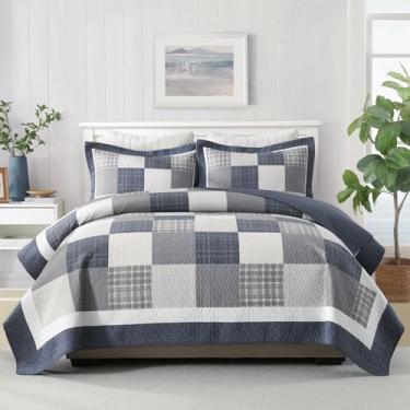 Imagem de DUOHONG Colcha Queen 100% algodão, conjunto de cama Queen, colcha xadrez de patchwork para cama queen, edredom leve reversível de 3 peças, azul/bege/branco