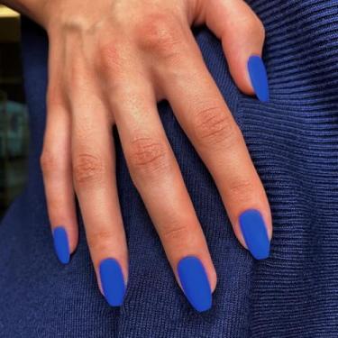 Imagem de Pregos postiços curtos azul-real fosco, pregos de caixão, pregos médios, cola, pregos falsos, curtos para mulheres, unhas postiças de acrílico em forma de T naturais feitas à mão, unhas de gel