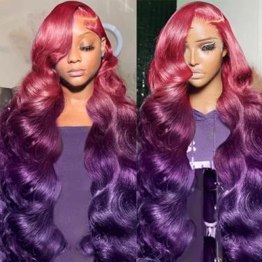 Imagem de GGEDUO Peruca frontal ombré roxa ondulada do corpo sem cola 76 cm raízes rosa claro 13x4 HD perucas frontais de renda transparente pré-arrancadas linha do cabelo 180% densidade 3 tons rosa a roxo