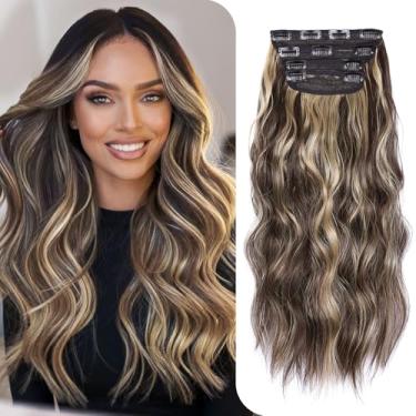 Imagem de Extensões de cabelo ondulado 4 peças de extensões de cabelo sintético 50 cm de comprimento marrom chocolate realçado caramelo loiro clipe de extensão de cabelo grosso natural e macio para mulheres