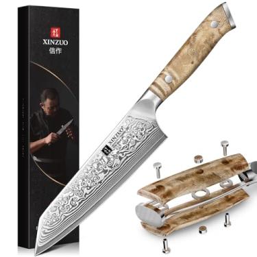 Imagem de XINZUO Faca de chef Kiritsuke 14,7 cm, faca de cozinha pequena afiada de aço inoxidável damasco forjada, afiada, para casa e restaurante, madeira de sicômoro e cabo de rebite de cobre em mosaico