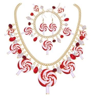 Imagem de XOCARTIGE Brincos de colar de doces para mulheres, colar de bengala doce de Natal, brincos de pirulito, acessórios de fantasia Candyland, roupas de Halloween, Natal, lembrancinhas de festa de