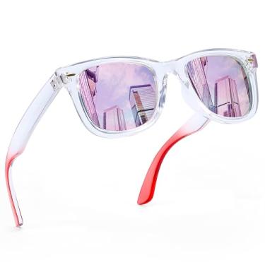 Imagem de FancyPink Óculos de sol femininos polarizados - Óculos de sol espelhados com proteção UV400, óculos de sol modernos de designer - ajuste médio, Lente espelhada rosa com armação vermelha transparente